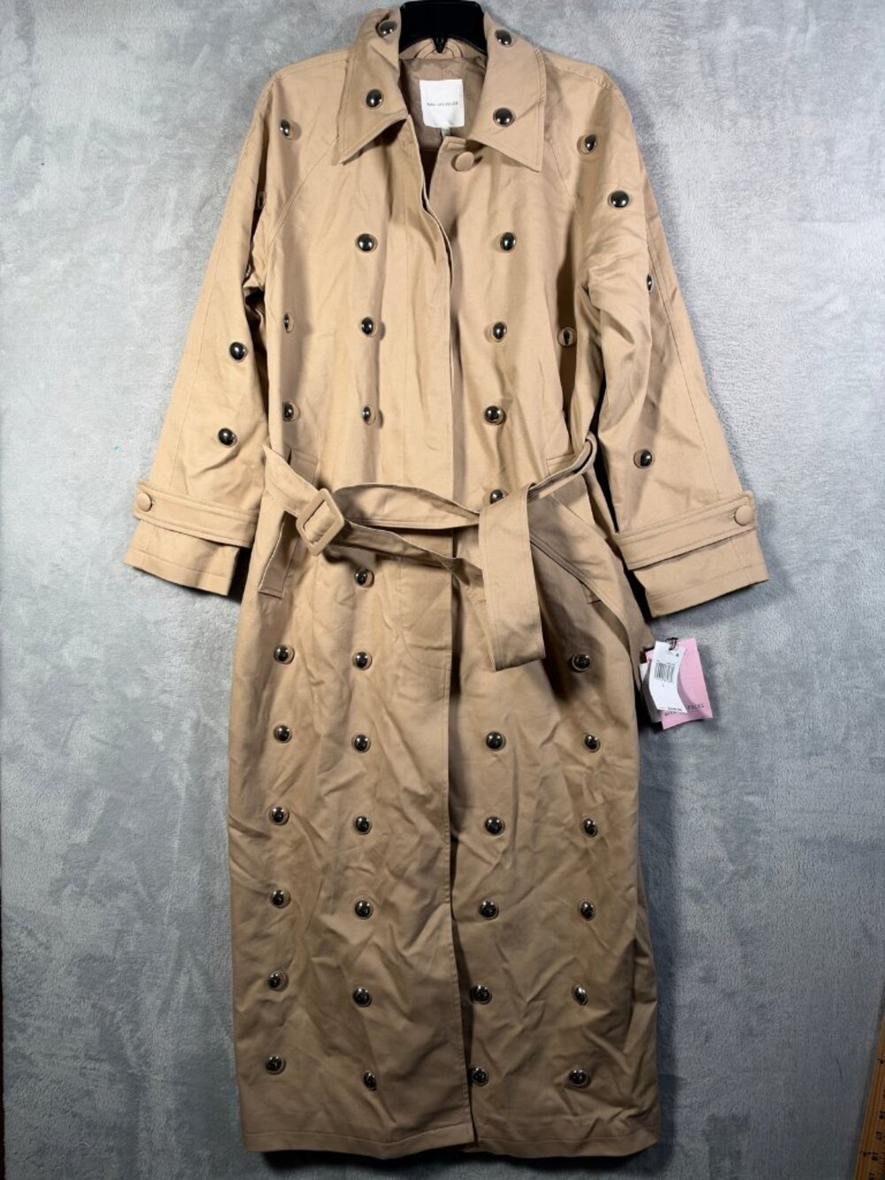 Avec Les Filles Trench Coat Womens L Khaki Studded Belted Double Breasted *FLAW